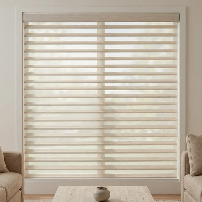 Beige horizontal light dimming sheer shades blinds covering a large window in a room with beige walls and furniture.