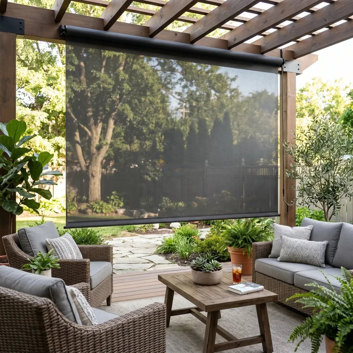 Premier 14% Solar Screen Roller Shade in an outdoor patio providing shade and UV protection.