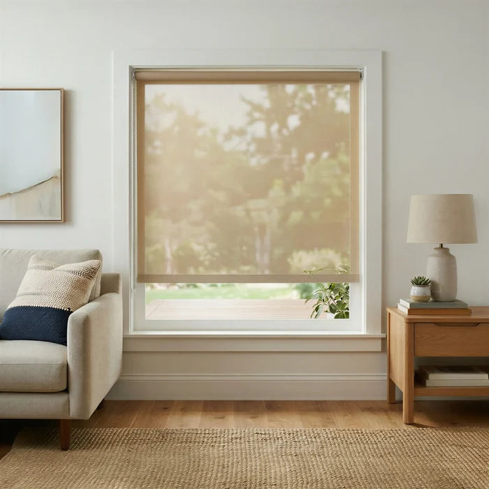 Lifestyle shot of Bamboo Mat solar shades in a beige weave with 7 percent openness, styled in a minimalist living room with a neutral area rug.