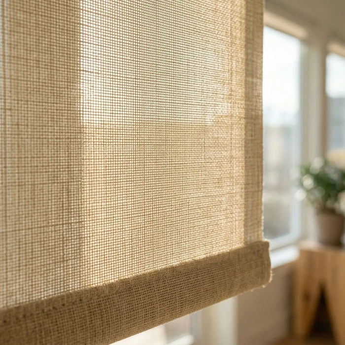 Extreme macro close-up of the Bamboo Mat beige fabric texture on a 7 percent openness solar shade, highlighting the high-quality decorative weave.