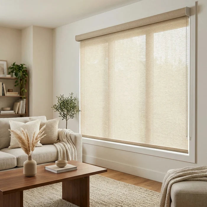 Cream-colored Ivory Luxe natural light filtering shades styled in a modern living room with neutral furnishings.