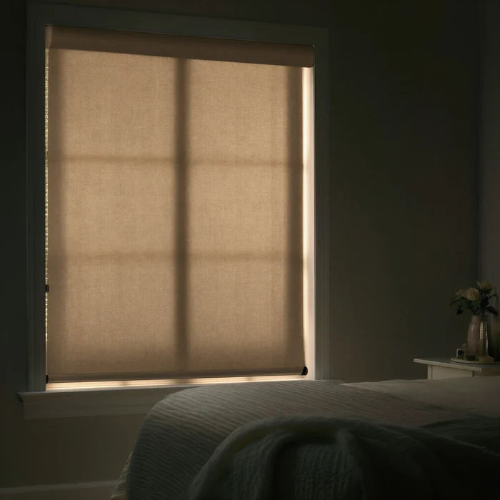 Dark brown Rustic Brown Luxe natural light filtering shades in a moody bedroom, highlighting the organic texture.