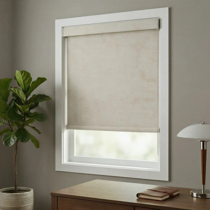 Light gray Jerusalem Silver Luxe room darkening shades in a minimalist bedroom setting, filtering external light for comfort.