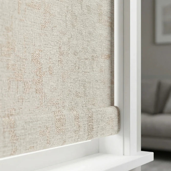 Extreme macro close-up of the light gray Jerusalem Silver fabric texture on a Luxe room darkening roller shade.