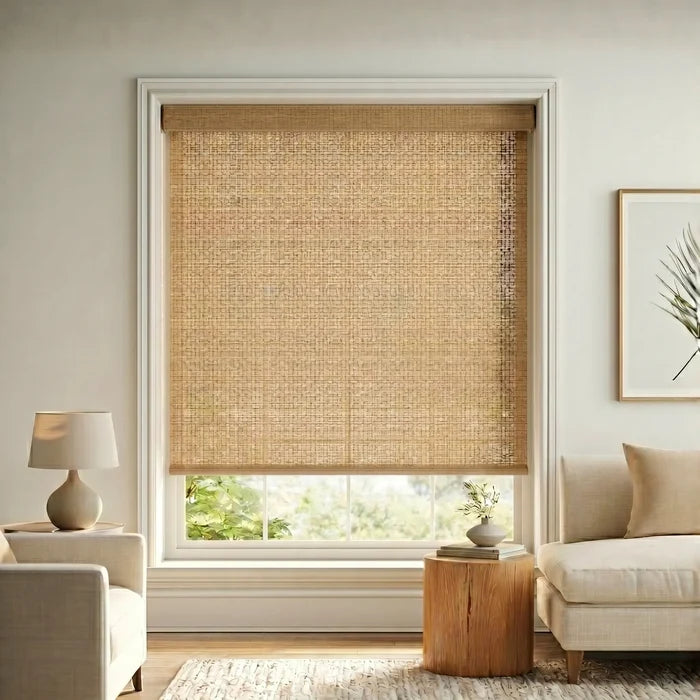 Main view of Tan Natural Woodland Luxe woven wood-look light filtering shades in a modern living room with organic decor.