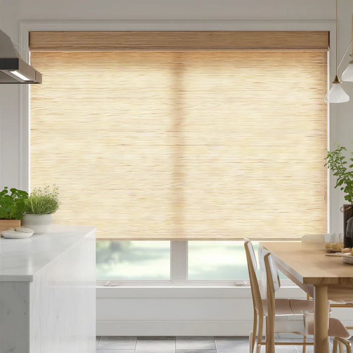 Cream Luxe woven wood-look light filtering shades in a bright kitchen, showcasing the delicate fabric-like weave.