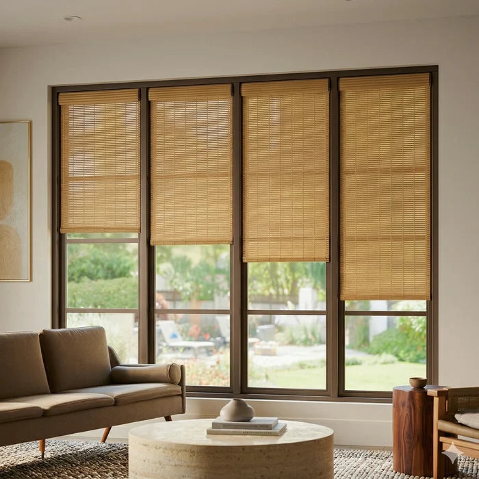 Contextual view of medium brown Maple Luxe woven wood-look light filtering roller shades in a living room with floor-to-ceiling windows.