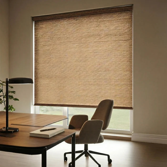 Warm brown Cedar Luxe woven wood-look light filtering shades installed in a professional home office.