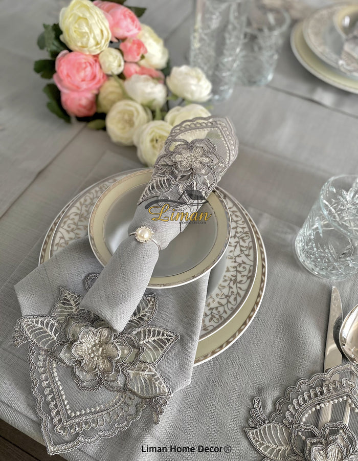 Liman Home Decor - Liman Online Menekse Tafelkleed Set Met Placemat Grijs 34 Dlg