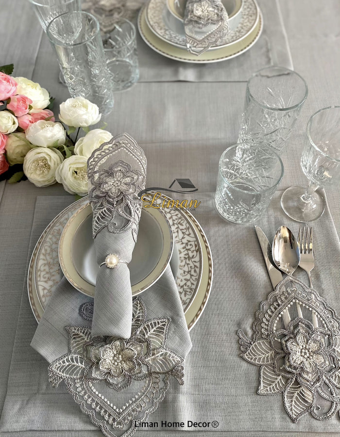 Liman Home Decor - Liman Online Menekse Tafelkleed Set Met Placemat Grijs 34 Dlg
