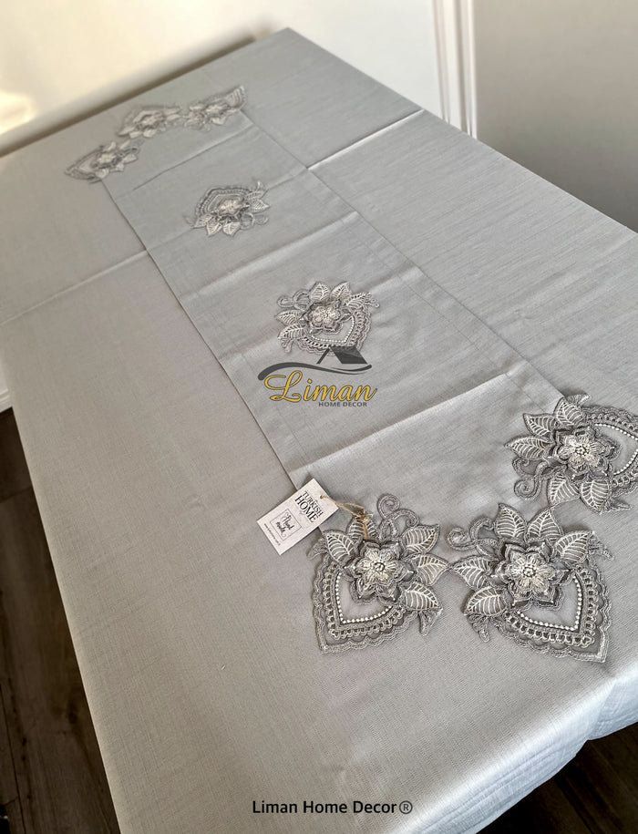 Liman Home Decor - Liman Online Menekse Tafelkleed Set Met Placemat Grijs 34 Dlg