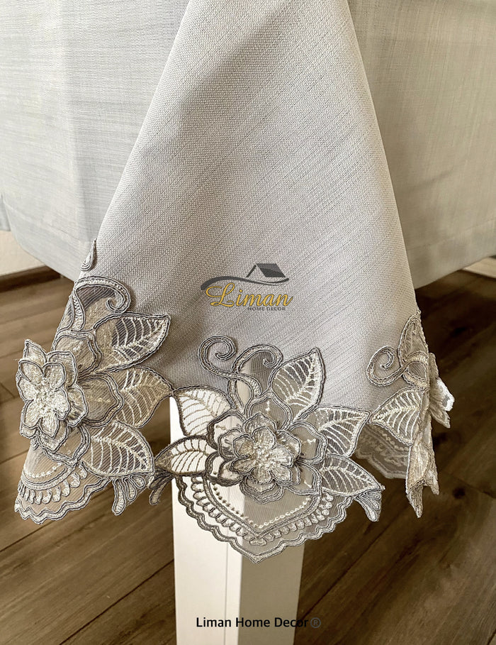 Liman Home Decor - Liman Online Menekse Tafelkleed Set Met Placemat Grijs 34 Dlg