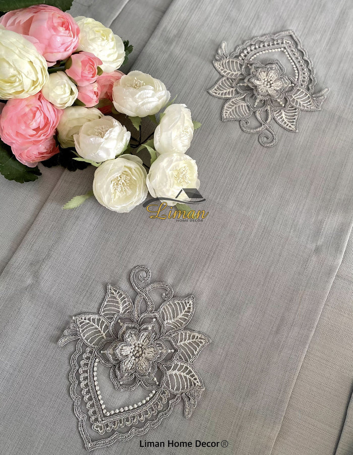 Liman Home Decor - Liman Online Menekse Tafelkleed Set Met Placemat Grijs 34 Dlg
