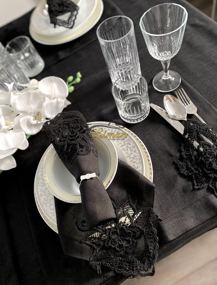 Liman Home Decor - Liman Online Menekse Tafelkleed Set Met Placemat Zwart 34 Dlg