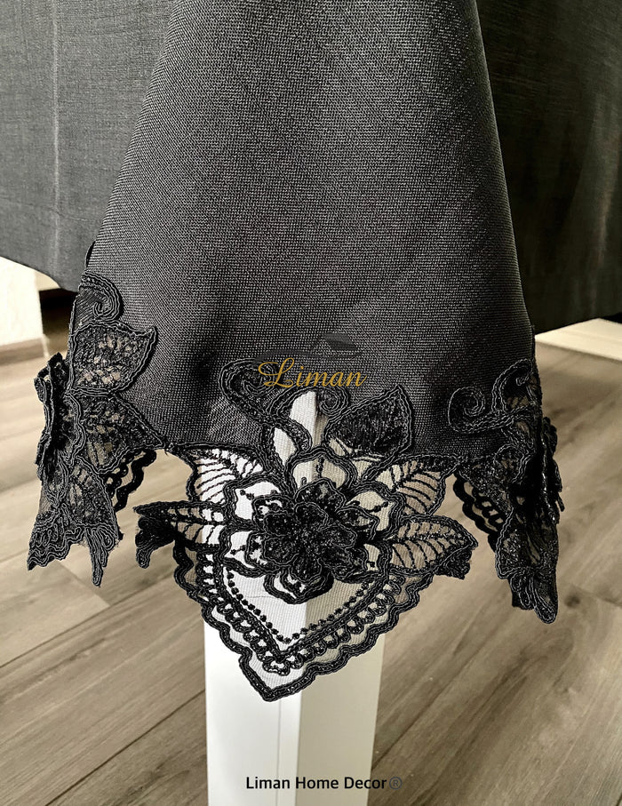 Liman Home Decor - Liman Online Menekse Tafelkleed Set Met Placemat Zwart 34 Dlg