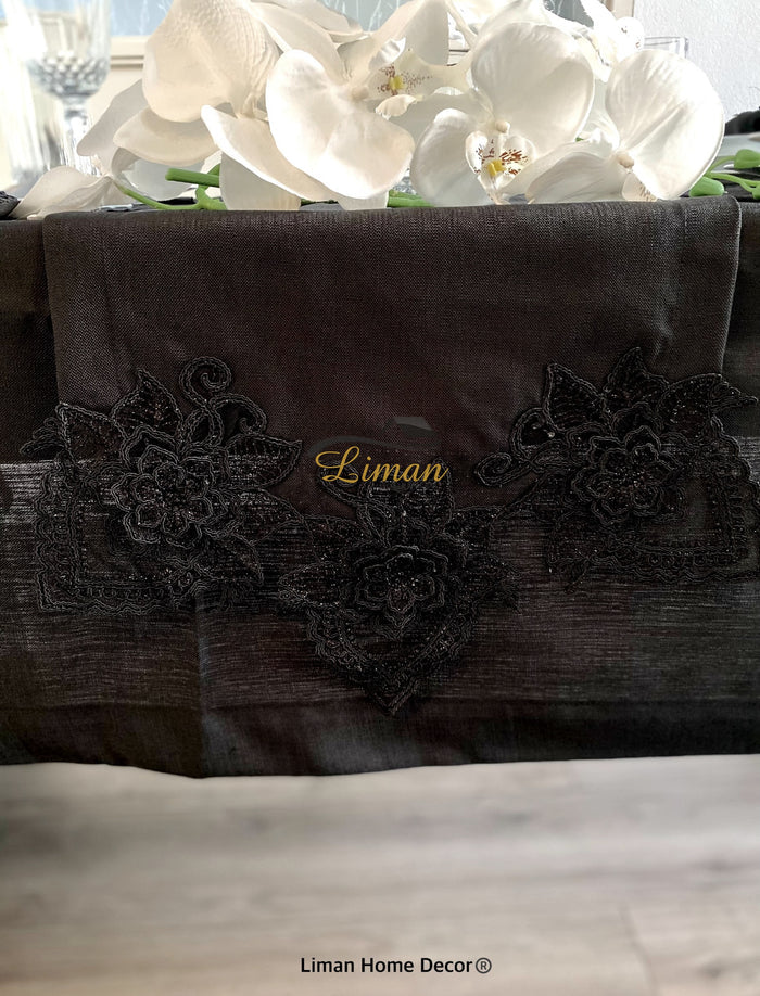 Liman Home Decor - Liman Online Menekse Tafelkleed Set Met Placemat Zwart 34 Dlg