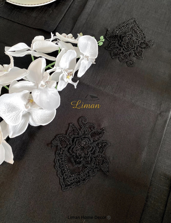 Liman Home Decor - Liman Online Menekse Tafelkleed Set Met Placemat Zwart 34 Dlg