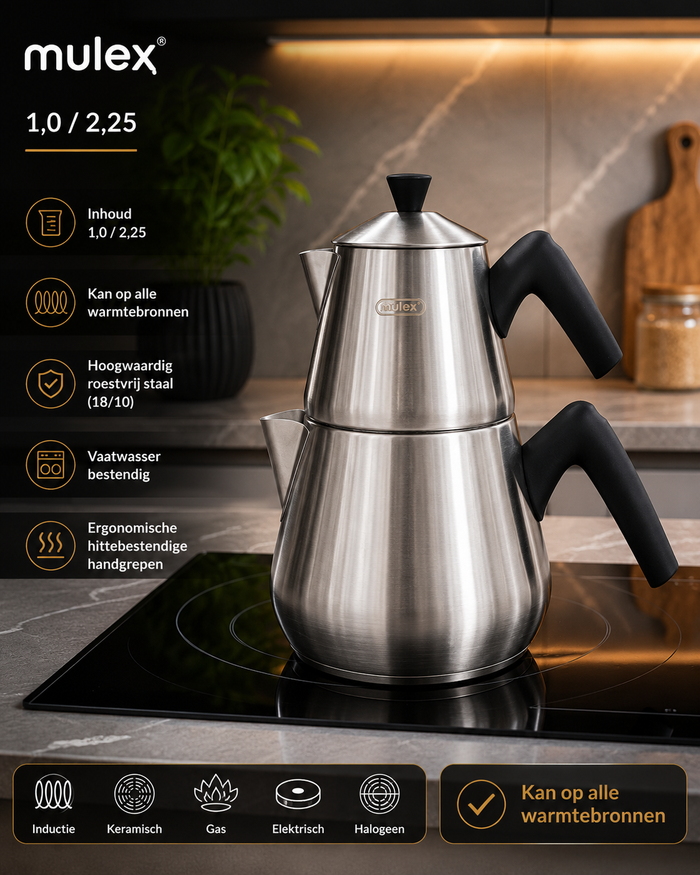 MLX MLX Theepotset 4-dlg - Turkse authentieke theepot RVS ( 1,00 / 2,25 Liter ) Mat
