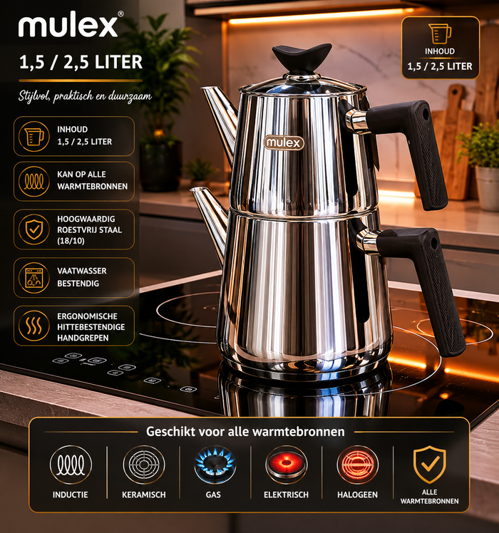 MLX MLX Theepotset 4-dlg - Turkse authentieke theepot RVS ( 1,5 / 2,5 Liter )