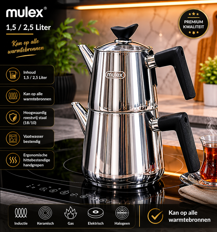 MLX MLX Theepotset 4-dlg - Turkse authentieke theepot RVS ( 1,5 / 2,5 Liter )