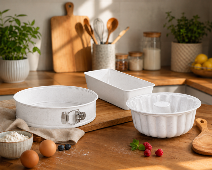 polochef PoloChef Planeta - 3-Delige Wit Granieten Bakvormenset – Springvorm – Cakevorm – Tulbandvorm – Anti-aanbak