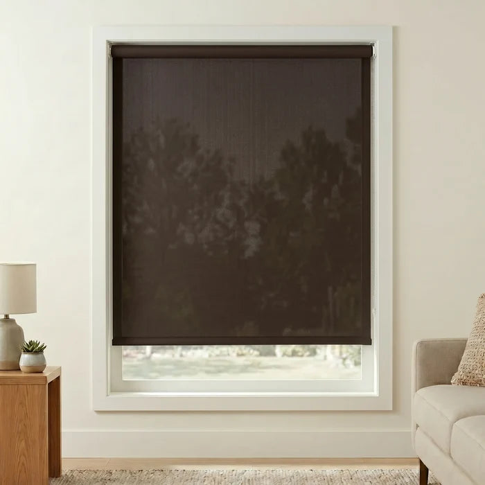 Premier dark brown chocolate 1% Solar Screen Roller Shade adds sleek charm to this living room, blocking UV rays while allowing natural light in.