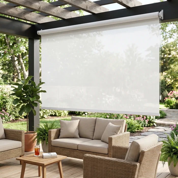 Elevate outdoor entertainment with Premier 1% Solar Screen Roller Shades in creamy white, providing UV protection for your patio and guests.