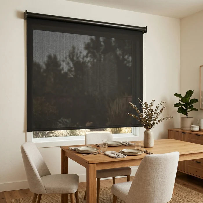 Premier 1% Solar Screen Roller Shade provides sleek charcoal protection and UV filtration for a comfortable dining space like this modern one.