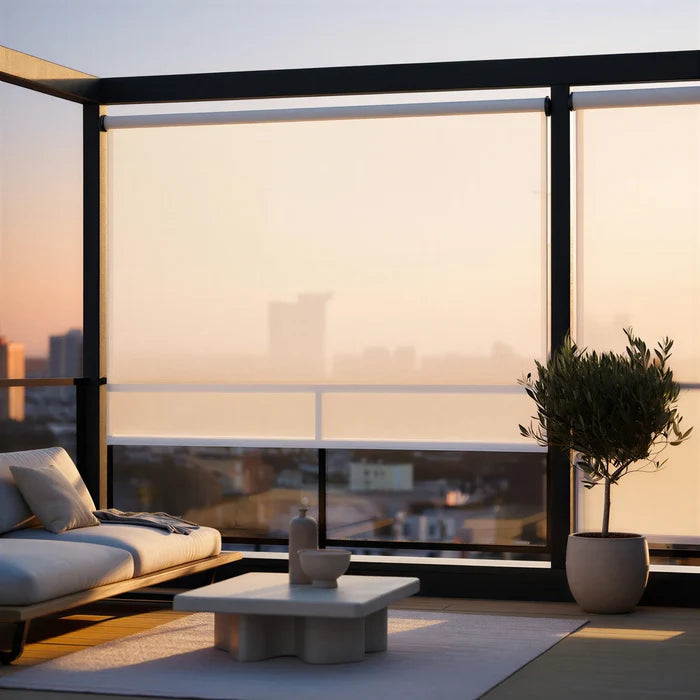Elevate outdoor entertainment with Premier 1% Solar Screen Roller Shades in creamy white, providing UV protection for your patio and guests.
