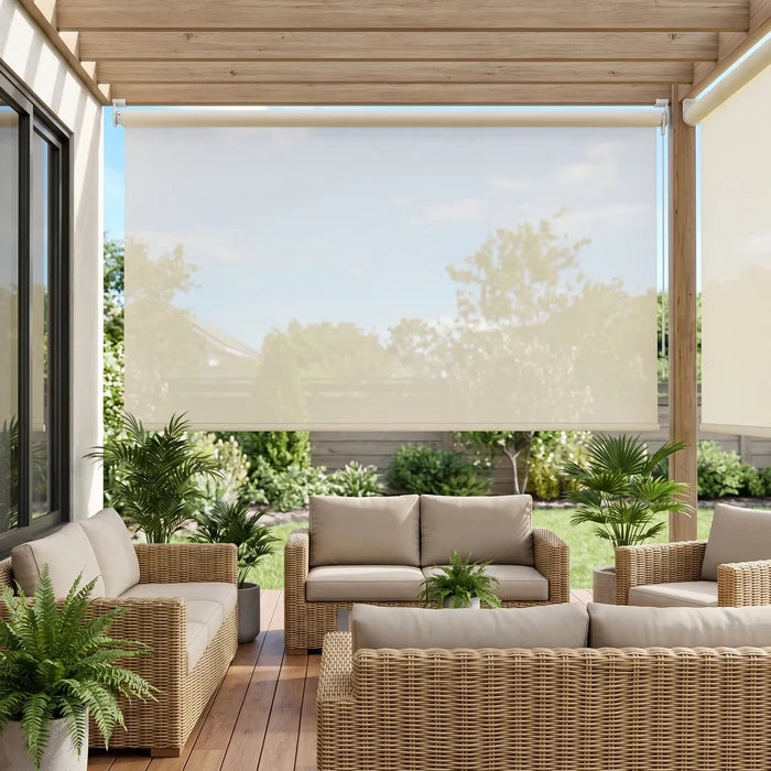 Elevate your outdoor space with the Premier 5% Solar Screen Roller Shade in Creamy White, blocking UV rays and promoting relaxation