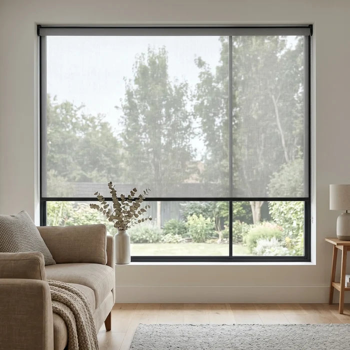 Premier 10% Solar Screen Roller Shade in creamy white creates a comfortable atmosphere while blocking out UV rays.