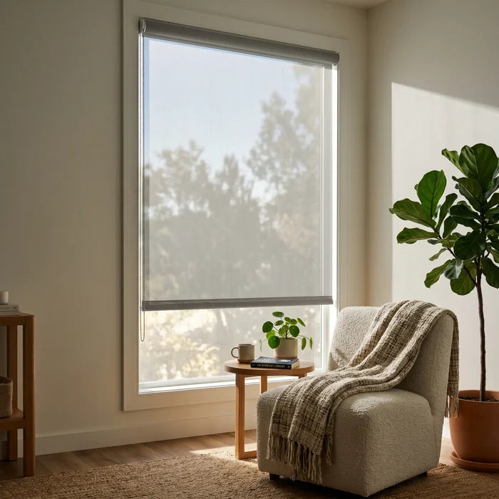 Brighten up your space with Premier 10% Solar Screen Roller Shades in Creamy White, allowing natural light while filtering UV rays.