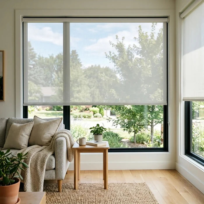 Premier 14% Solar Screen Roller Shade brings warmth to a sun-drenched living room with its crisp white tone. filtering UV rays while maintaining a sleek, modern aesthetic.
