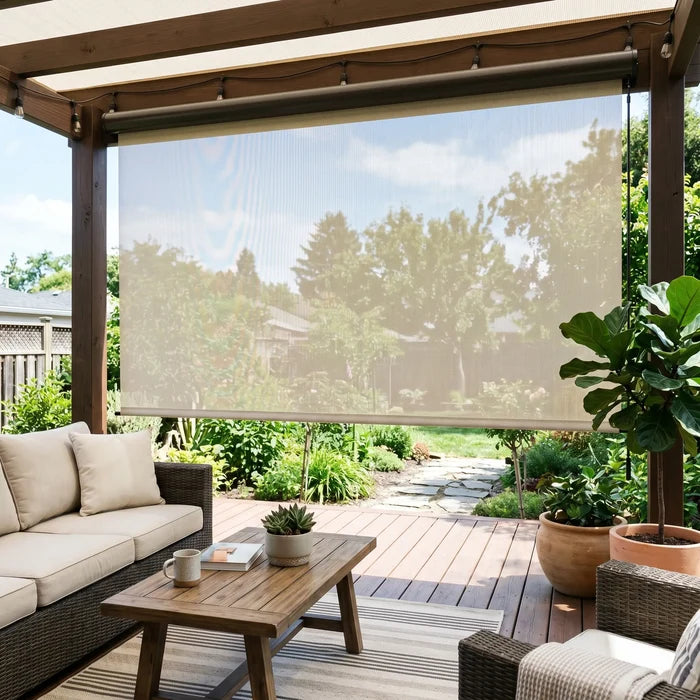 Premier 10% Solar Screen Roller Shade in creamy beige provides UV protection and style for this inviting outdoor patio with friends and family.
