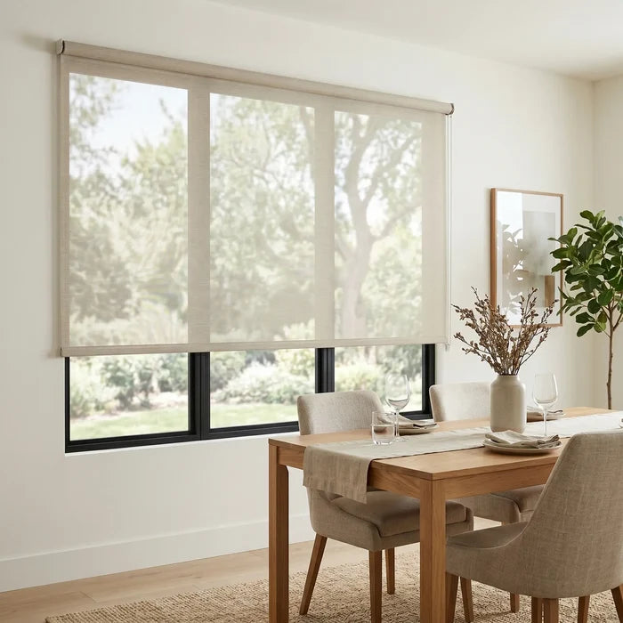Premier 14% Solar Screen Roller Shade in a sun-drenched living room with a minimalist vibe, offering subtle UV protection and elegant transparency.