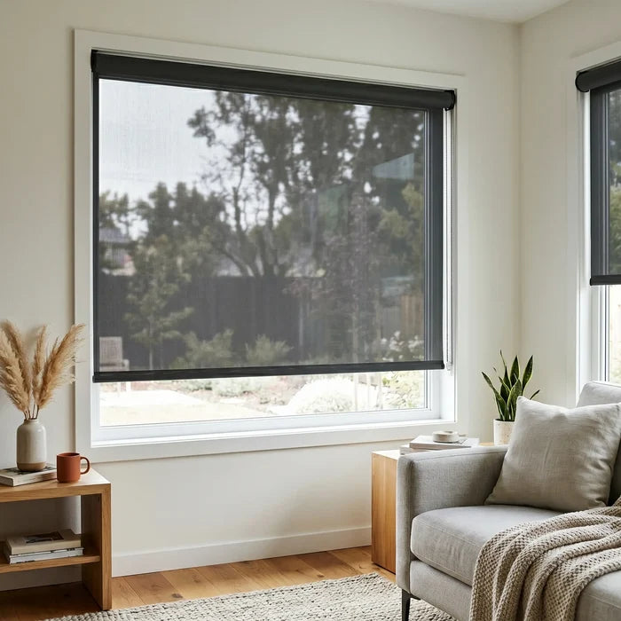Premier 14% Solar Screen Roller Shade in black adds warmth and sophistication to this cozy living room, subtly filtering natural light