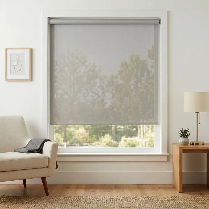 Elevate your space with the Premier 3% Solar Screen Roller Shade, a sleek charcoal gray solution for natural light control and UV protection.