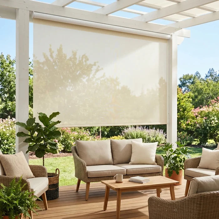 Elevate your outdoor oasis with Premier 3% Solar Screen Roller Shade's creamy white filter, perfect for sunny patios and UV protection