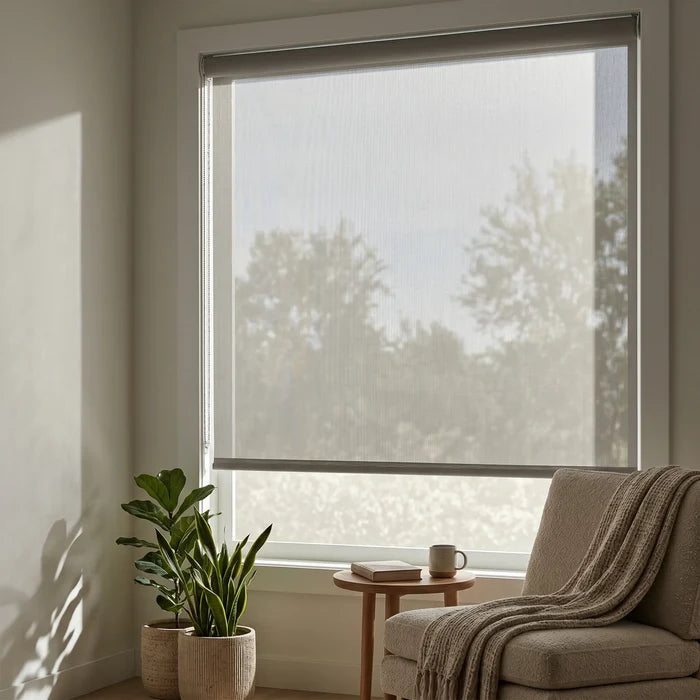 Premier 3% Solar Screen Roller Shade provides creamy white elegance and UV protection in this inviting living room with natural light and comfortable seating.
