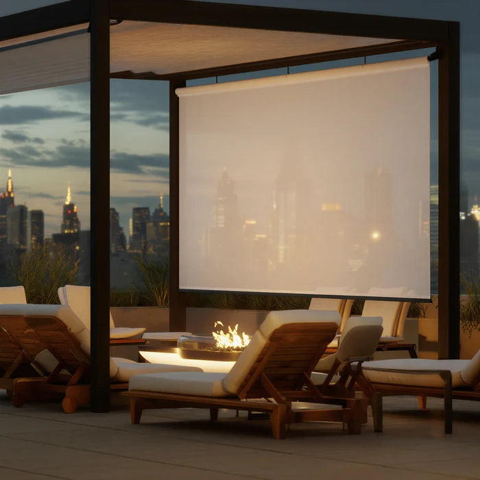 Elevate your rooftop patio with Premier 3% Solar Screen Roller Shades in creamy white, blocking harsh sun rays and enhancing ambiance.