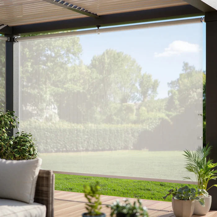 Elevate your outdoor space with the Premier 5% Solar Screen Roller Shade in Creamy White, blocking UV rays and promoting relaxation