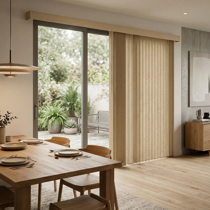 Wide view of Beige Premier Pvc Vertical Blinds complementing a inviting living space, perfect for covering sliding glass doors or large windows.