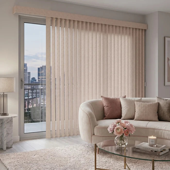 Showcasing Beige (Joann Sandstone Beige) Premier Pvc Vertical Blinds in a serene living room, delivering sleek functionality and room-darkening capabilities.