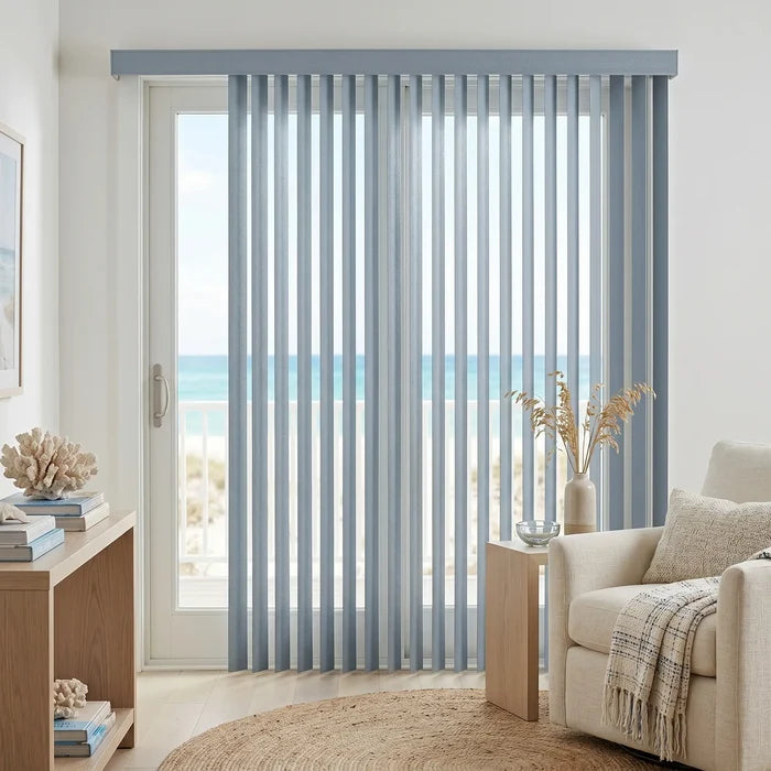 Showcasing Navy (Kathy Blue) Premier Pvc Vertical Blinds in a modern living space, allowing adjustable natural light through durable PVC vanes.
