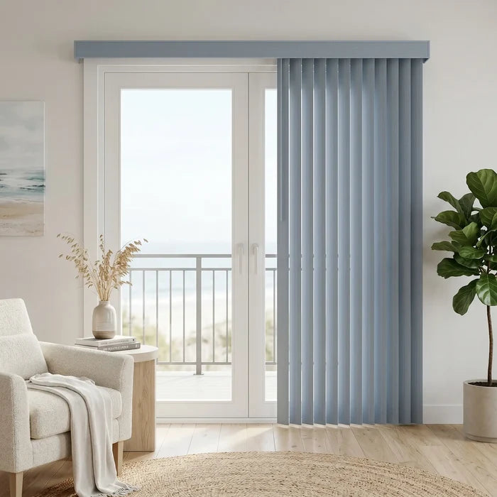 Styling a modern patio with Ocean Blue Premier Pvc Vertical Blinds, allowing adjustable natural light through durable PVC vanes.