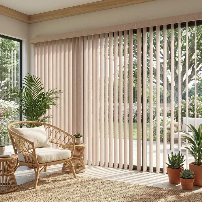 View of a serene living space with Creamy Premier Pvc Vertical Blinds, delivering sleek functionality and room-darkening capabilities.