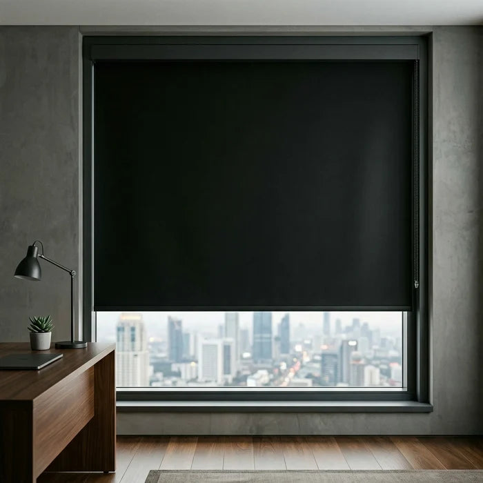 Black ProGrade blackout roller shade providing a clean backdrop in a home office with a city skyline view.