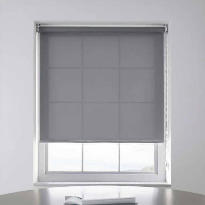 Main front view of gray ProGrade solar roller shades with 5 percent openness for glare control.