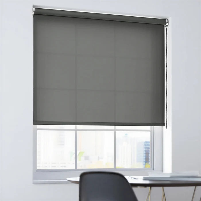 Black ProGrade solar roller shades providing UV protection while maintaining a crisp shaded view of the skyline.