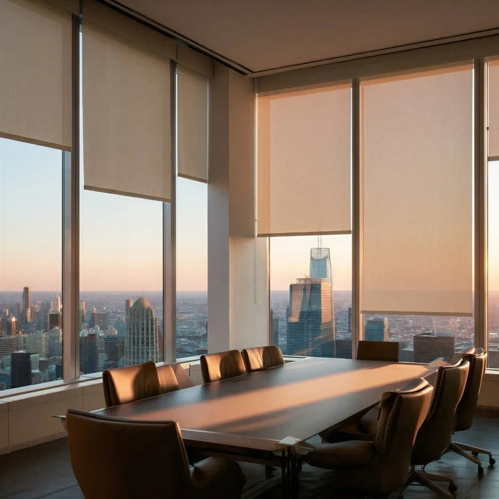 Multiple tan Sandstone solar shades at sunset, showcasing heat reduction in a large conference room.